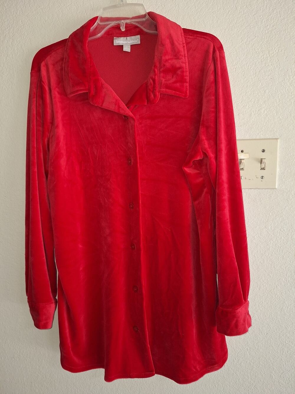 Woman Within Red Velvet Button-Up Tunic SzM Flawlesd